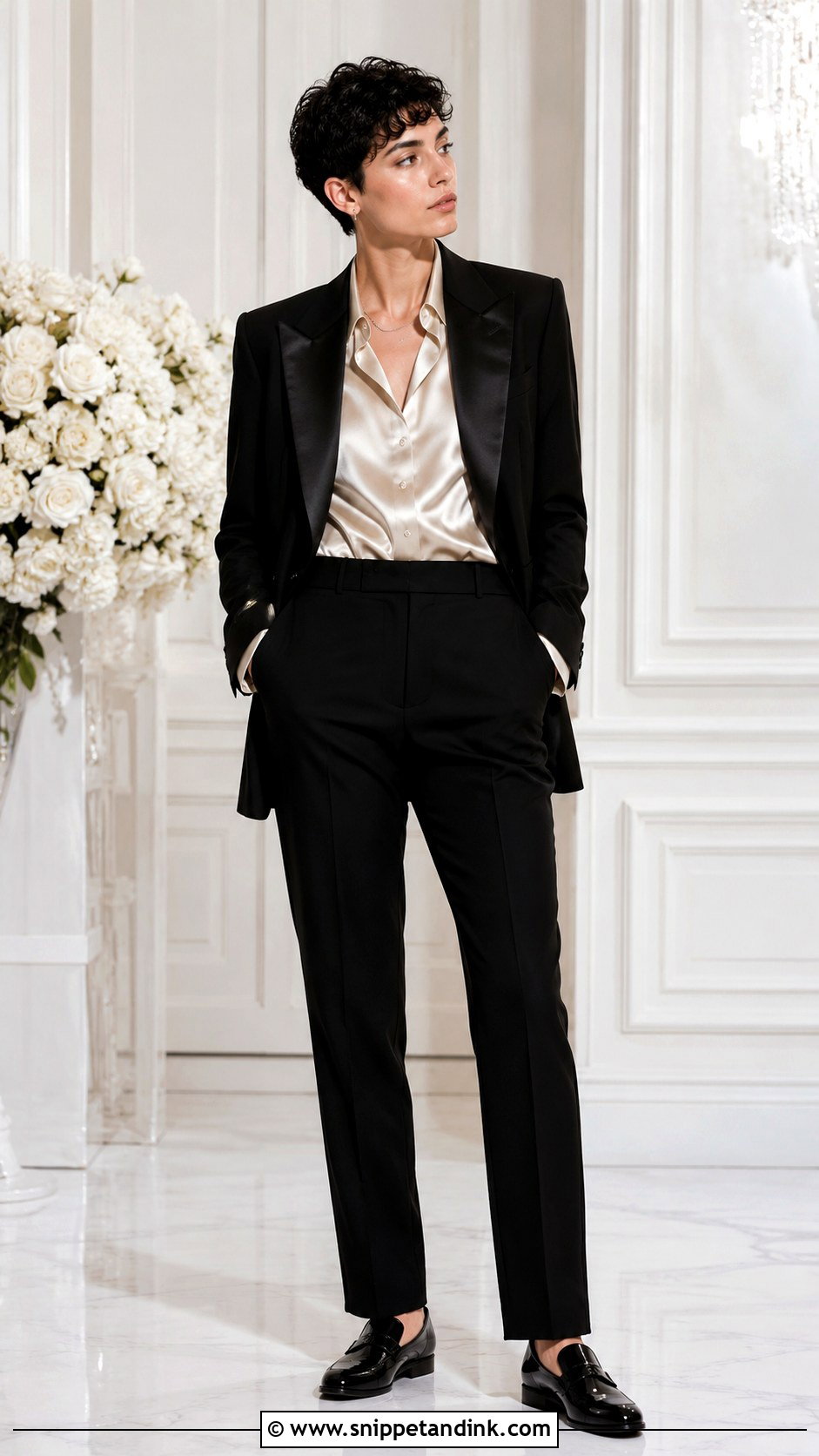 Nonbinary Wedding Tuxedo With Satin Shirt - Snippet and Ink - 25 Nonbinary Wedding Outfit Ideas