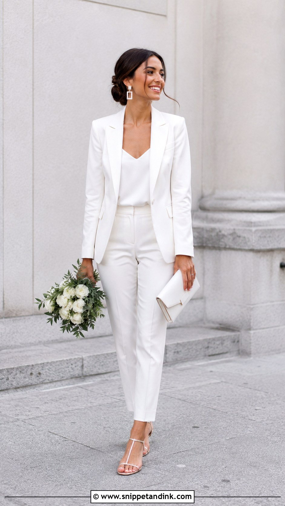 Nude Flat Wedding Sandals With Modern Bridal Suit - Snippet and Ink - 20 Flat Wedding Sandals Ideas