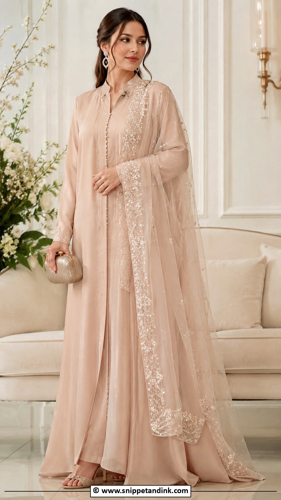 Nude Nikkah Gown With Embellished Dupatta - Snippet and Ink - 30 Nikkah Look Ideas