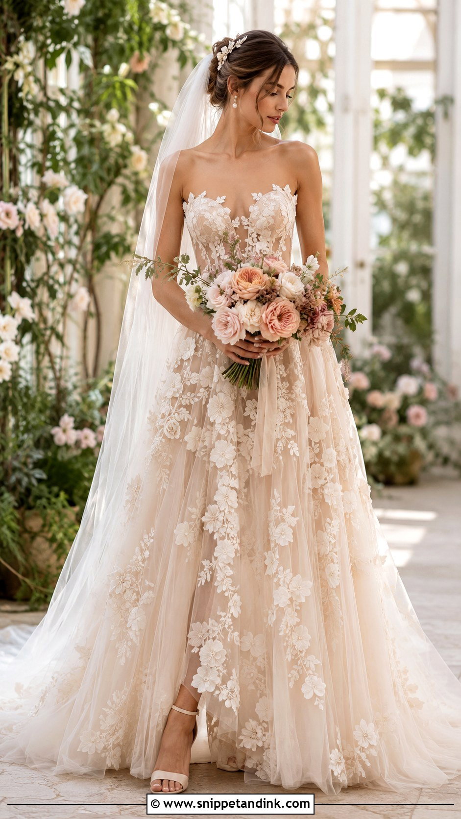Nude Tulle Floral Wedding Dress - Snippet and Ink - 20 Light Brown Wedding Dress Ideas