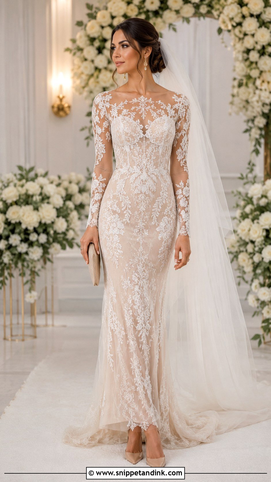 Nude Wedding Heels With Illusion Lace Gown - Snippet and Ink - 20 Aesthetic Wedding Heels Ideas