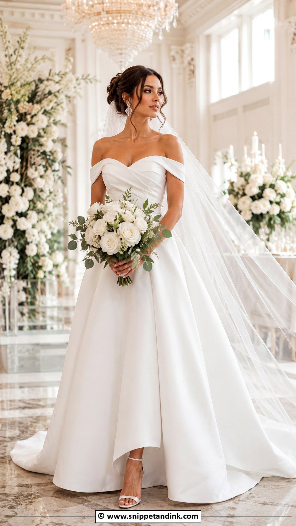Off Shoulder A Line Wedding Dress With Cathedral Veil - Snippet and Ink - 30 Aline Wedding Dress Ideas