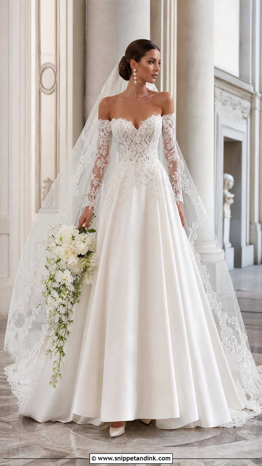 Off Shoulder A Line Wedding Dress With Long Sleeves - Snippet and Ink - 25 Aline Wedding Dress with Sleeves