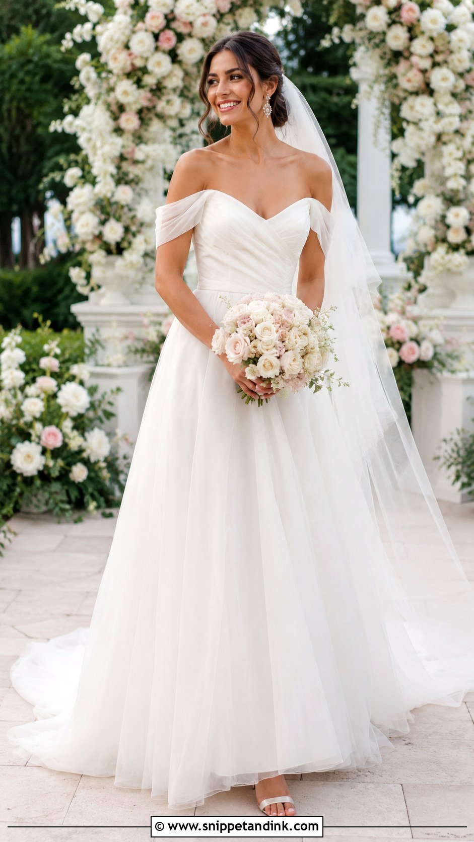 Off Shoulder A Line Wedding Dress With Tulle Skirt - Snippet and Ink - 20 A Shape Wedding Dress Ideas