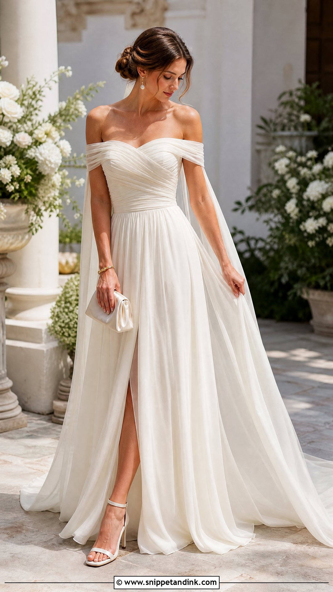Off Shoulder Ancient Greek Wedding Dress With a Draped Veil - Snippet and Ink - 25 Ancient Greek Wedding Dress Ideas