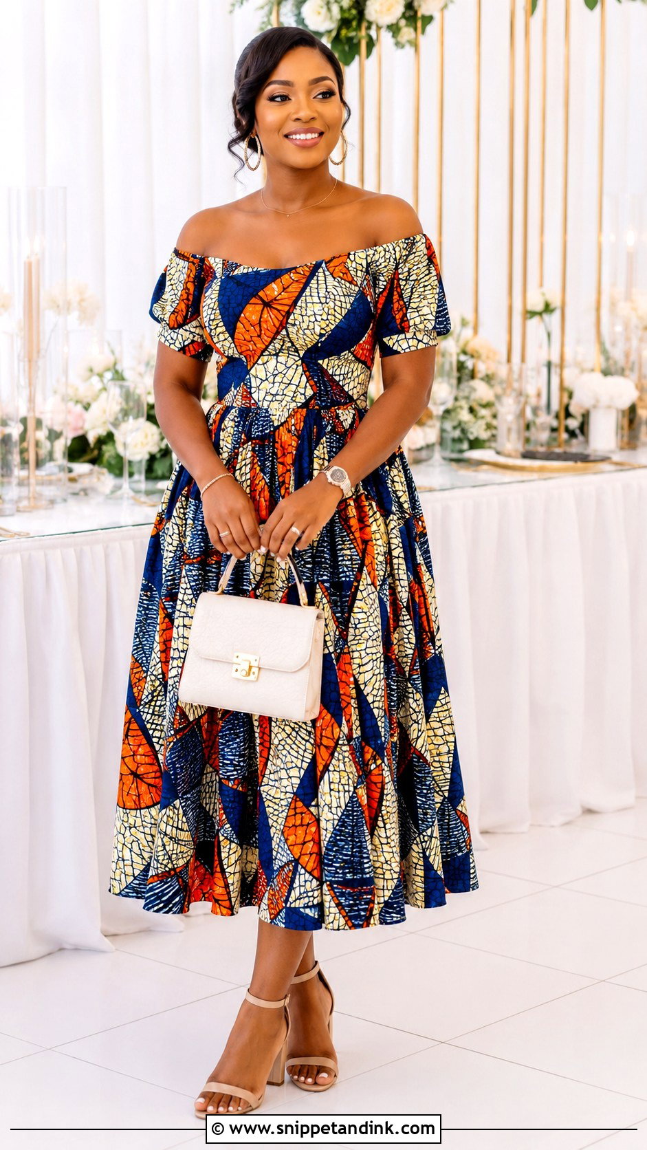 Off Shoulder Ankara Flared Midi Gown - Snippet and Ink - 20 Ankara Fled Gown Ideas