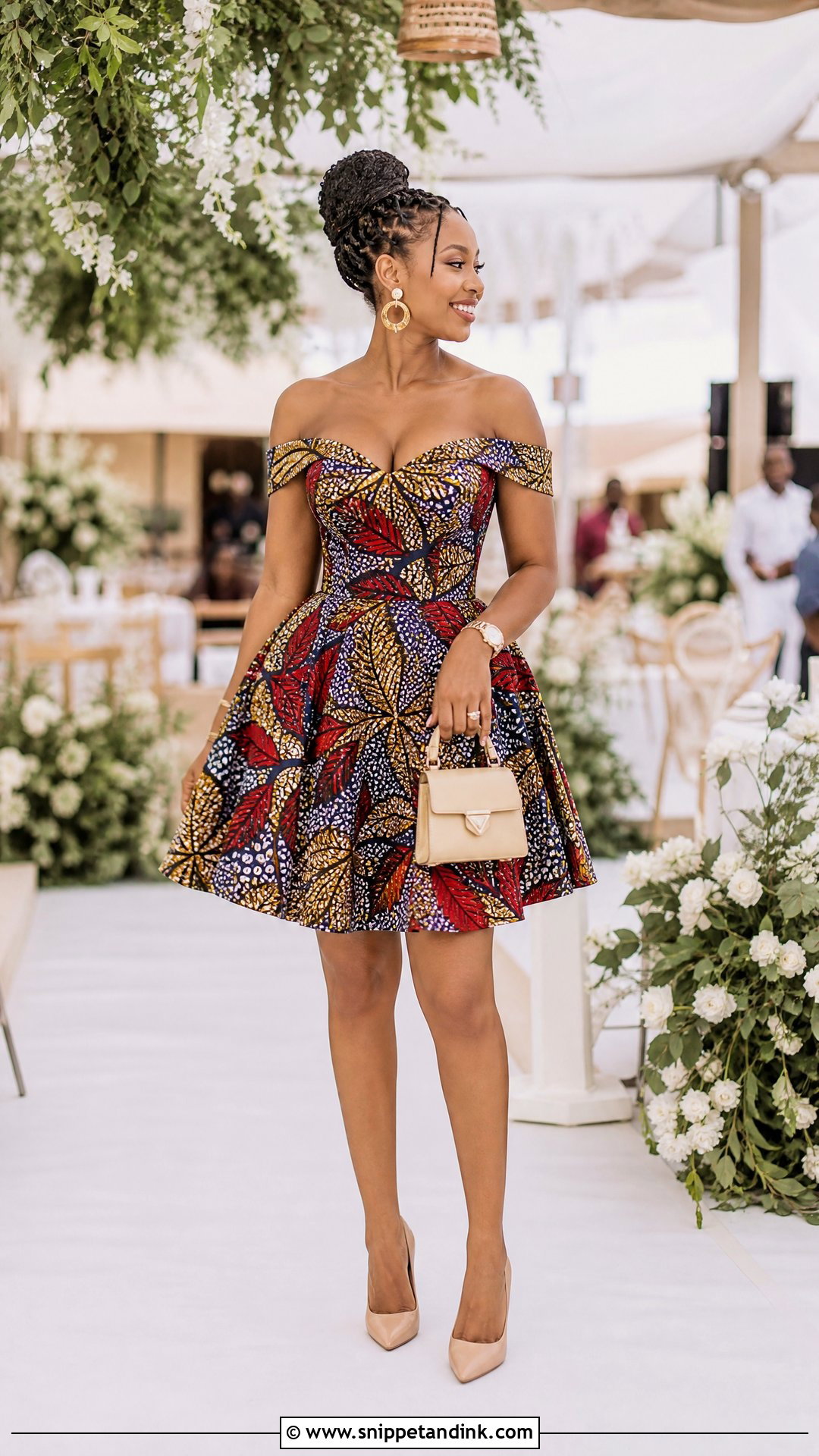 Off Shoulder Ankara Short Gown With Nude Heels - Snippet and Ink - 20 Short Gown Ankara Styles for Wedding