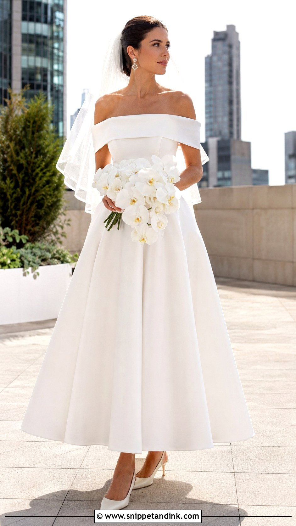 Off Shoulder Ankle Length Wedding Dress - Snippet and Ink - 20 Ankle Wedding Dress Ideas