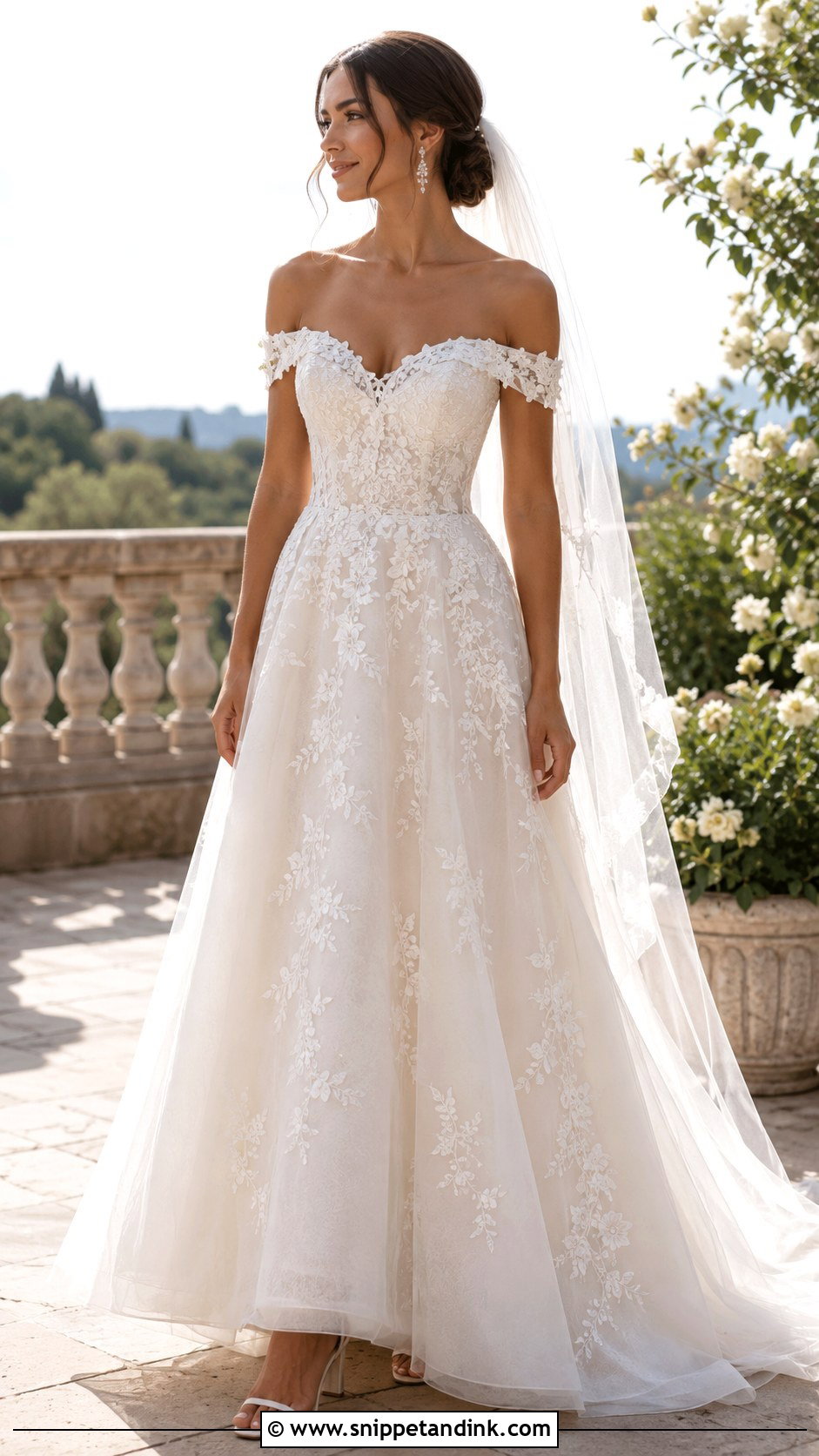 Off Shoulder Applique Wedding Dress - Snippet and Ink - 20 Applique Wedding Dress Ideas