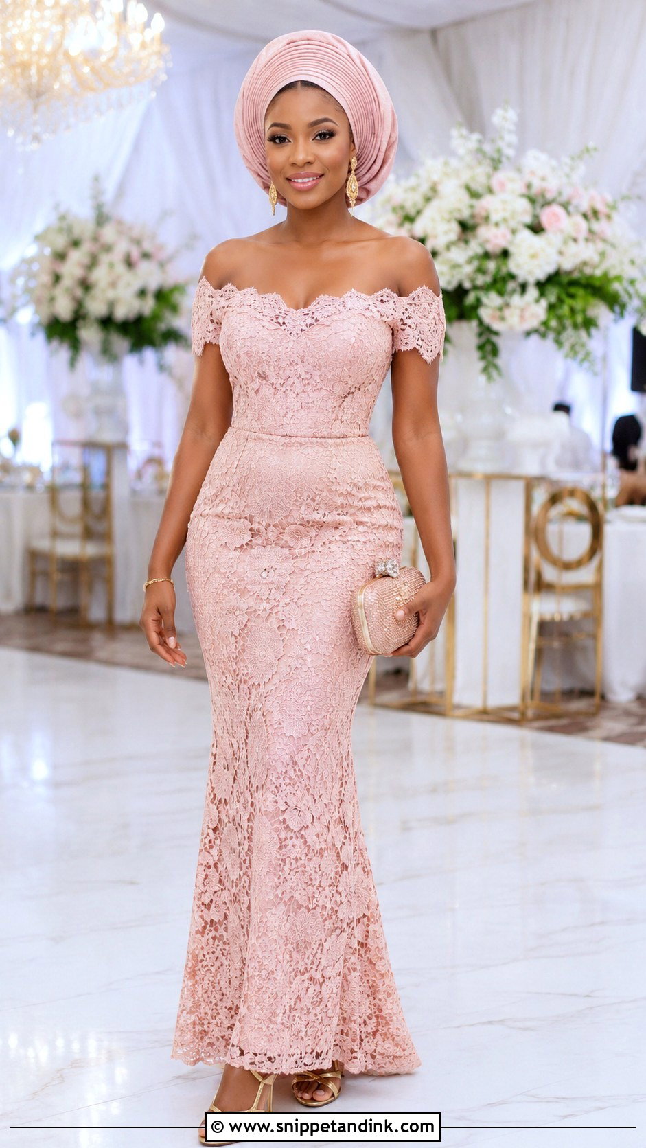 Off Shoulder Aso Ebi Lace Gown - Snippet and Ink - 25 Simple Aso Ebi Lace Gown Styles