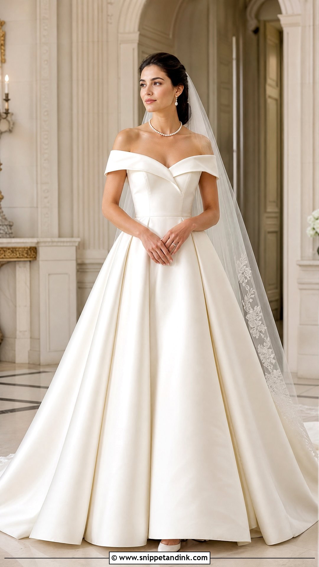 Off Shoulder Ball Gown With Pearl Jewelry - Snippet and Ink - 20 Traditional Wedding Gown Ideas