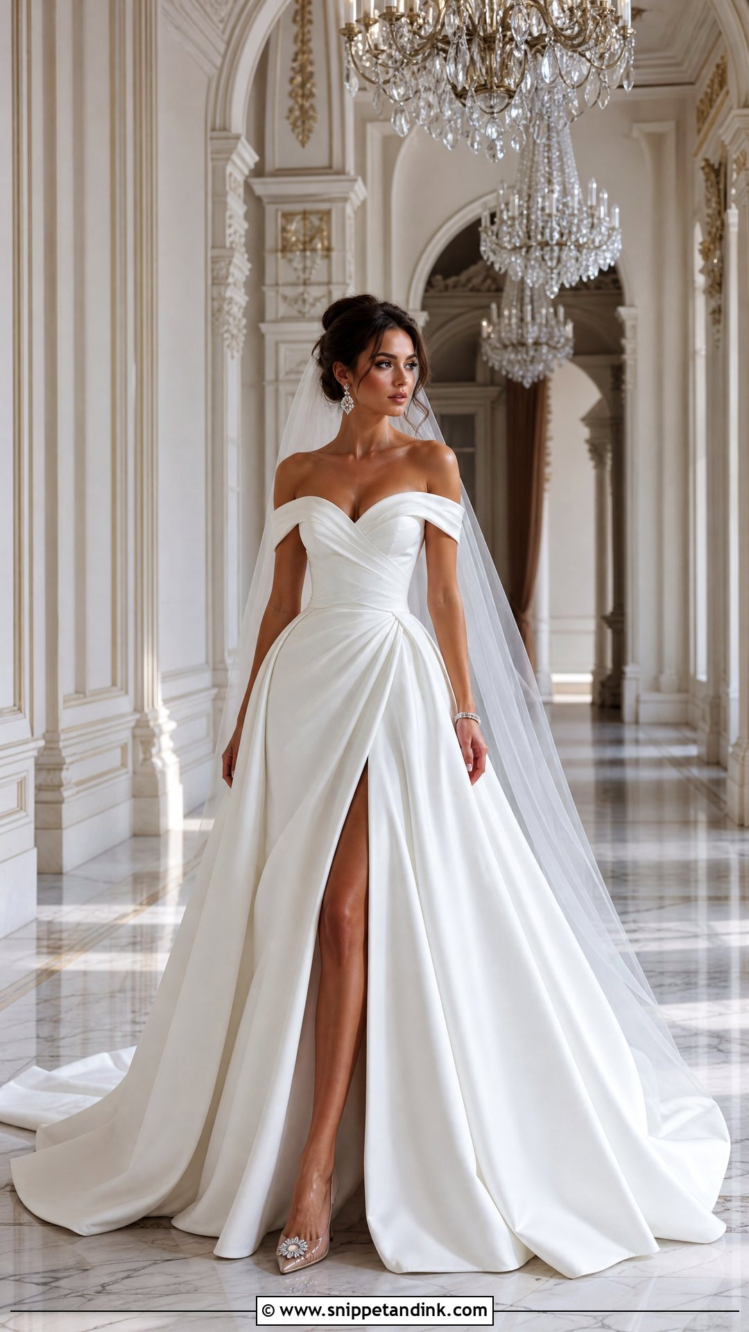 Off Shoulder Ball Gown With Split - Snippet and Ink - 20 Split Wedding Dress Ideas