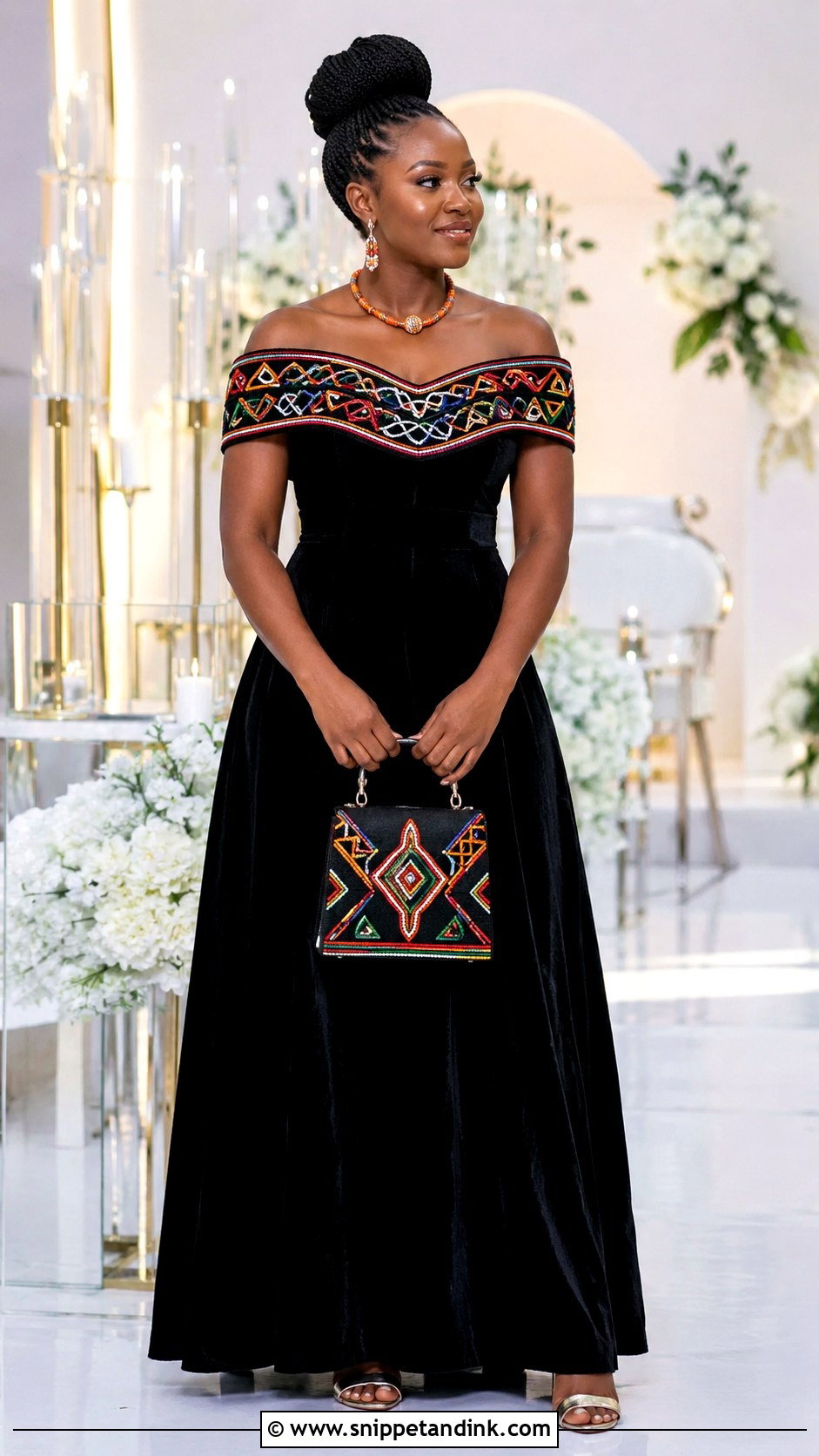 Off Shoulder Bamenda Toghu Wedding Gown - Snippet and Ink - 20 Bamenda Traditional Wedding Dress Ideas