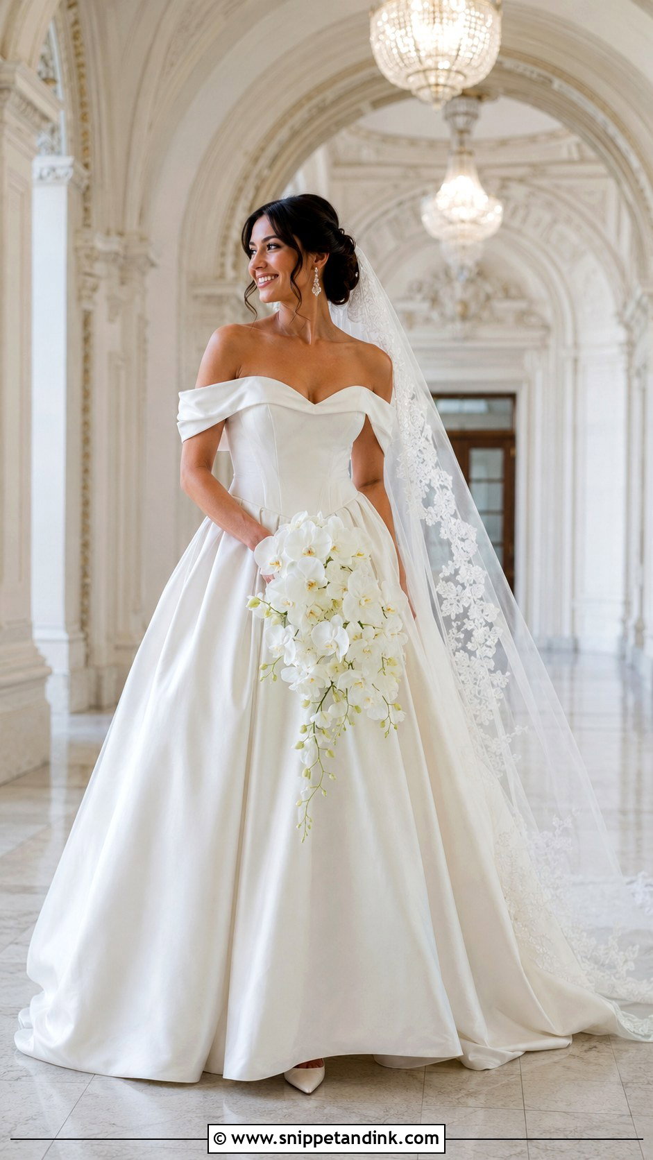 Off Shoulder Basque Waist Dress With Lace Veil - Snippet and Ink - 20 Low Waist Wedding Dresses