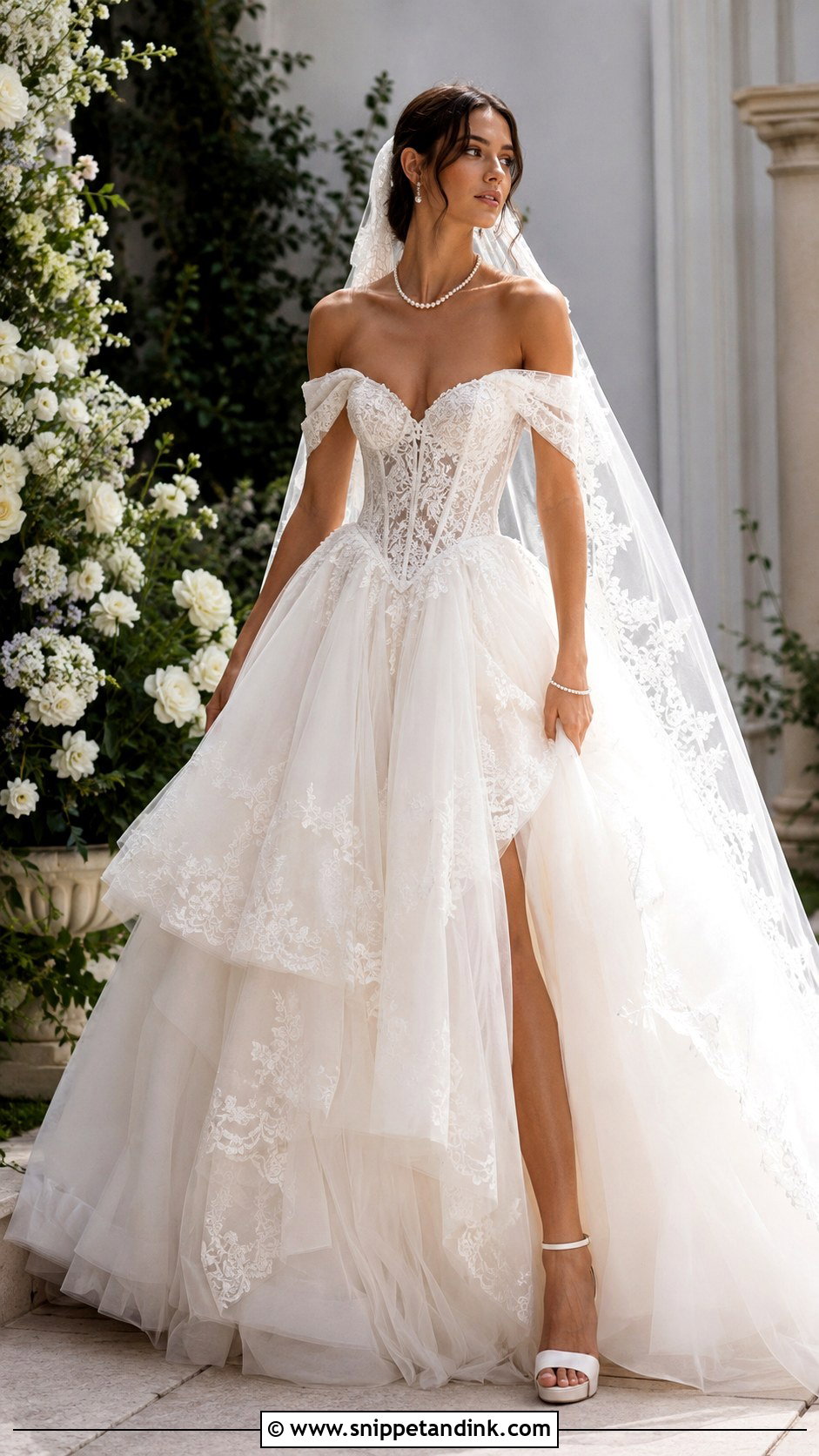 Off Shoulder Basque Waist Lace Wedding Dress - Snippet and Ink - 20 Basque Waist Lace Wedding Dress Ideas