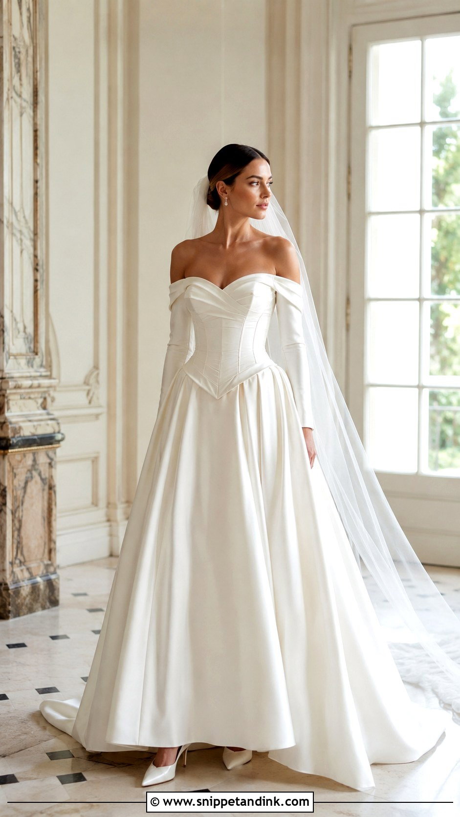 Off Shoulder Basque Waist Wedding Dress With Sleeves - Snippet and Ink - 25 Basque Waist Wedding Dress with Sleeves
