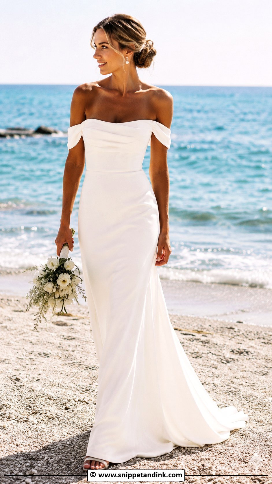 Off Shoulder Beach Bridal Dress With Pearl Earrings - Snippet and Ink - 30 Beach Bridal Dresses