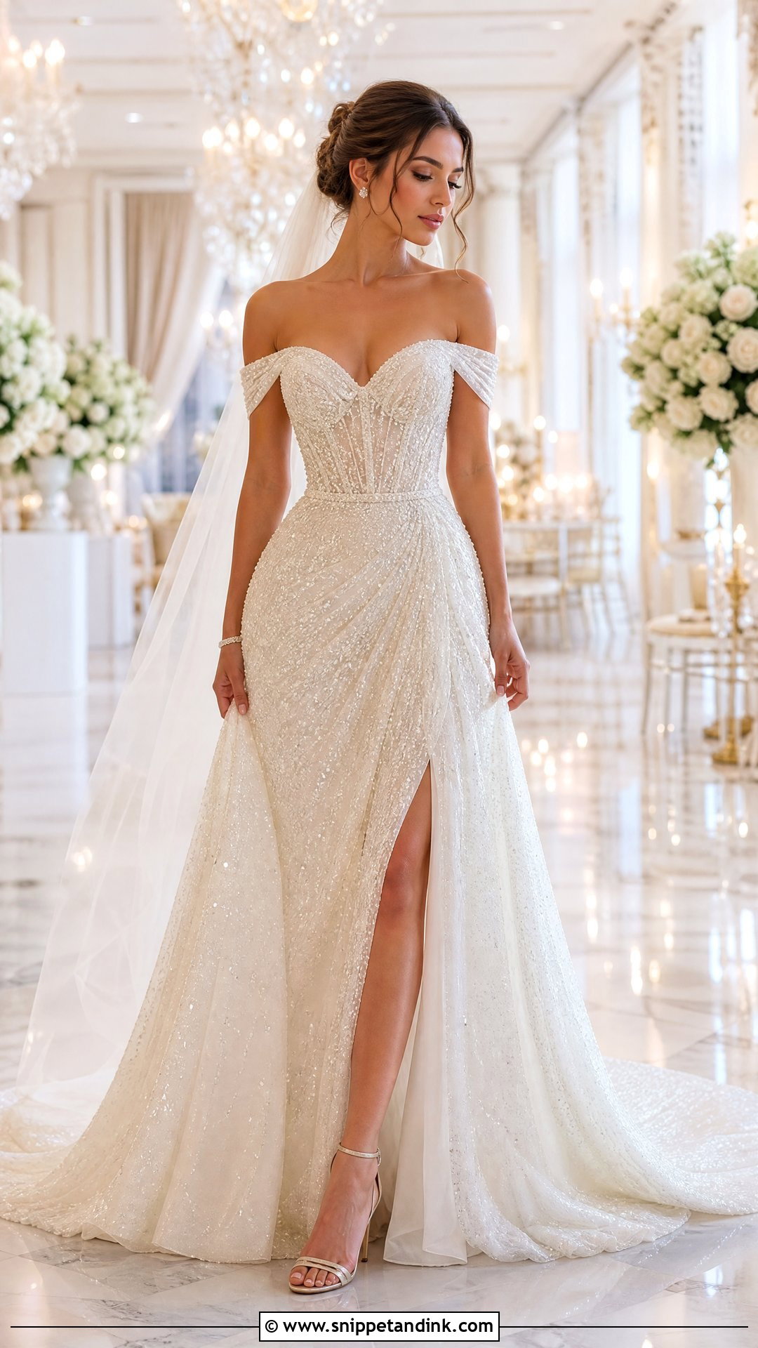 Off Shoulder Beaded Wedding Gown - Snippet and Ink - 25 Off Shoulder Wedding Gown Ideas