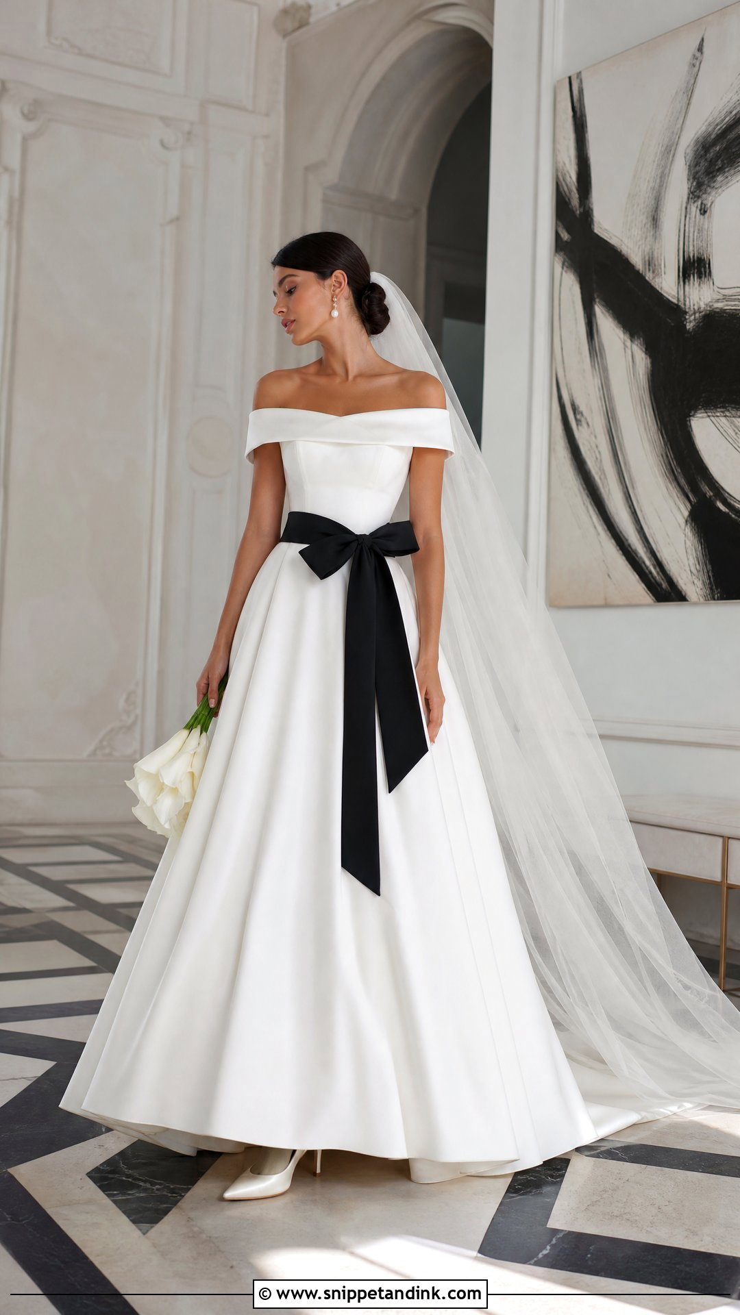 Off Shoulder Black And White Wedding Gown - Snippet and Ink - 25 Off Shoulder Wedding Gown Ideas