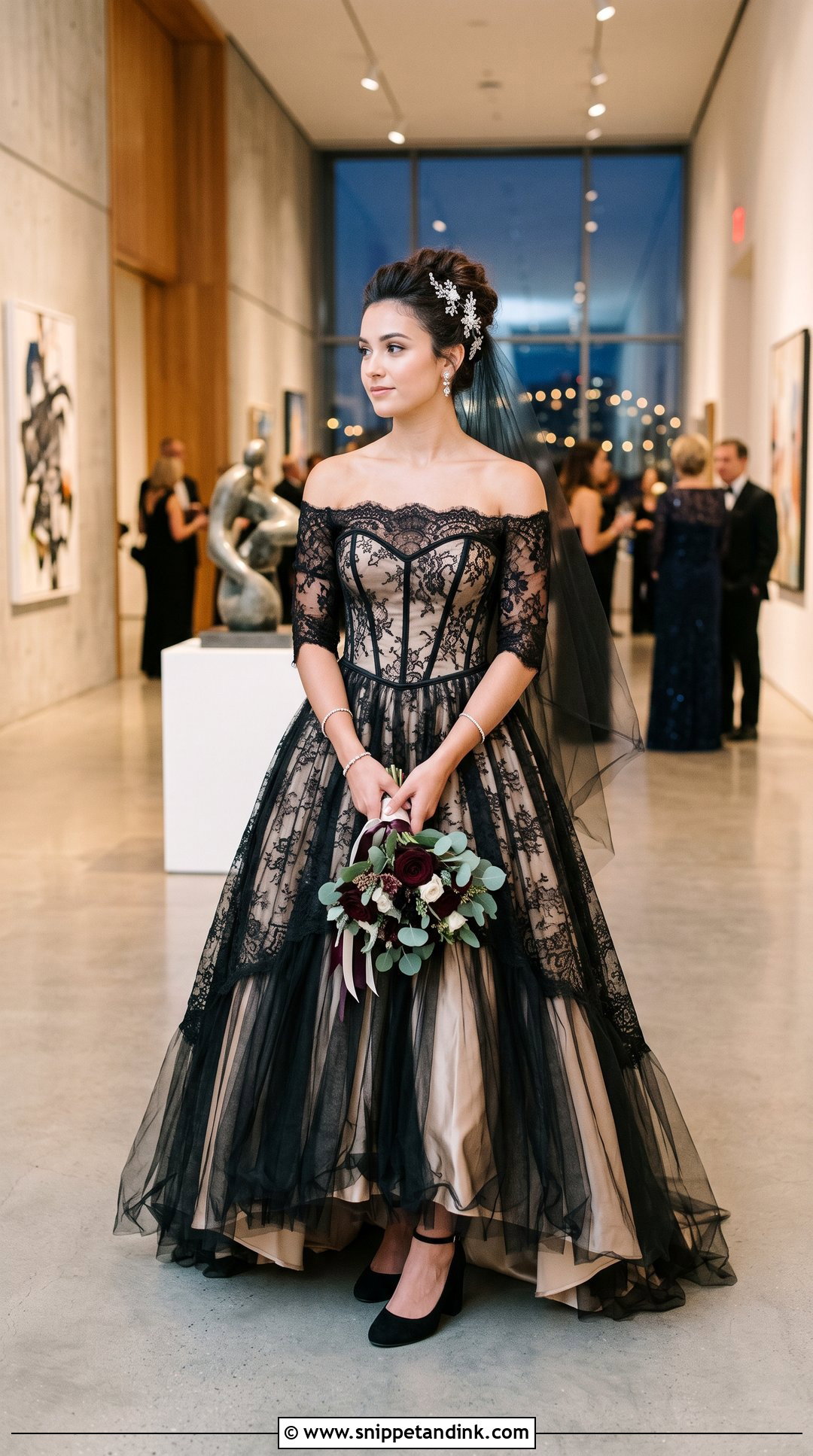 Off Shoulder Black Lace Ball Gown - Snippet and Ink - 20 Wedding Dress with Black Lace Ideas