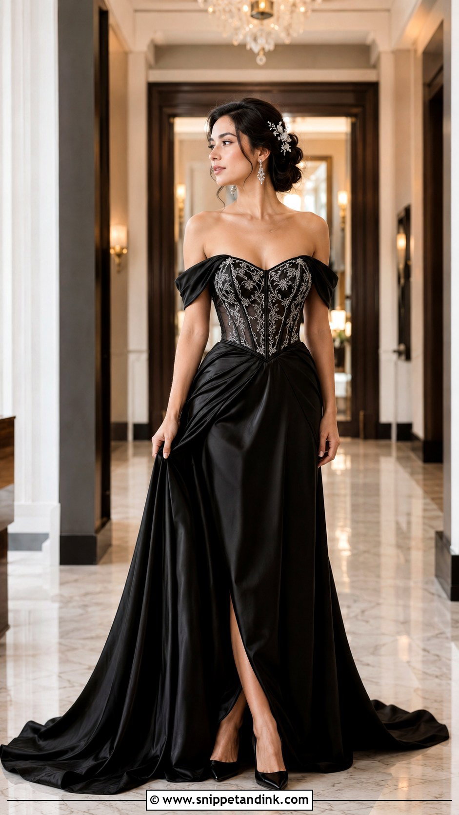 Off Shoulder Black Wedding Dress With Silver Corset - Snippet and Ink - 20 Black and Silver Wedding Dress Ideas