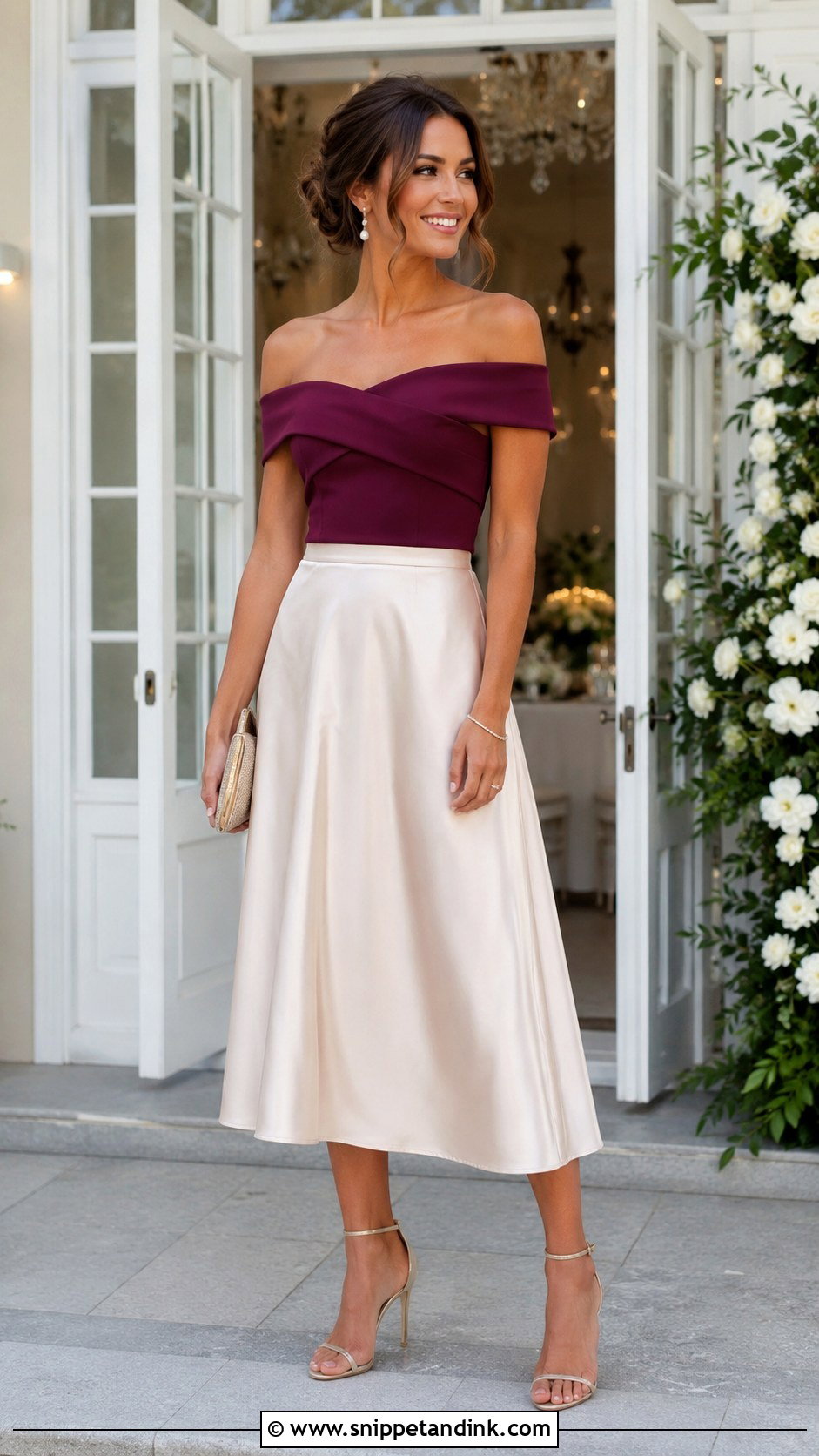 Off Shoulder Blouse And Satin Skirt Wedding Outfit - Snippet and Ink - 25 Blouse and Skirt Outfit Wedding Ideas