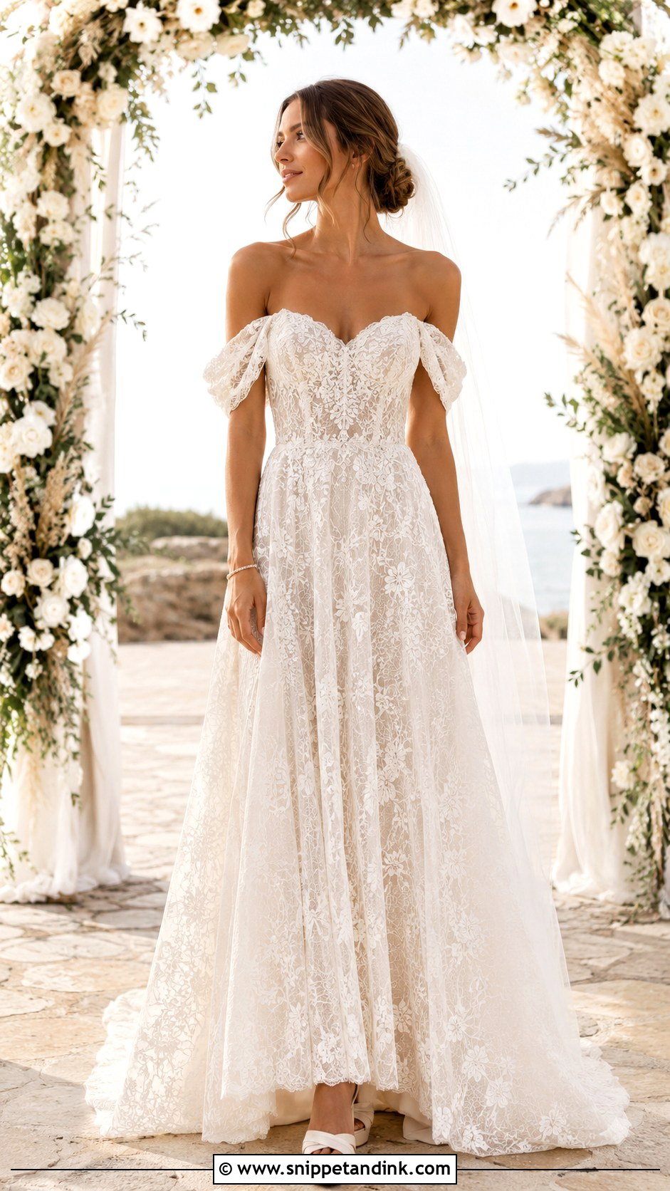 Off Shoulder Boho A Line Wedding Dress - Snippet and Ink - 20 Boho a Line Wedding Dress Ideas