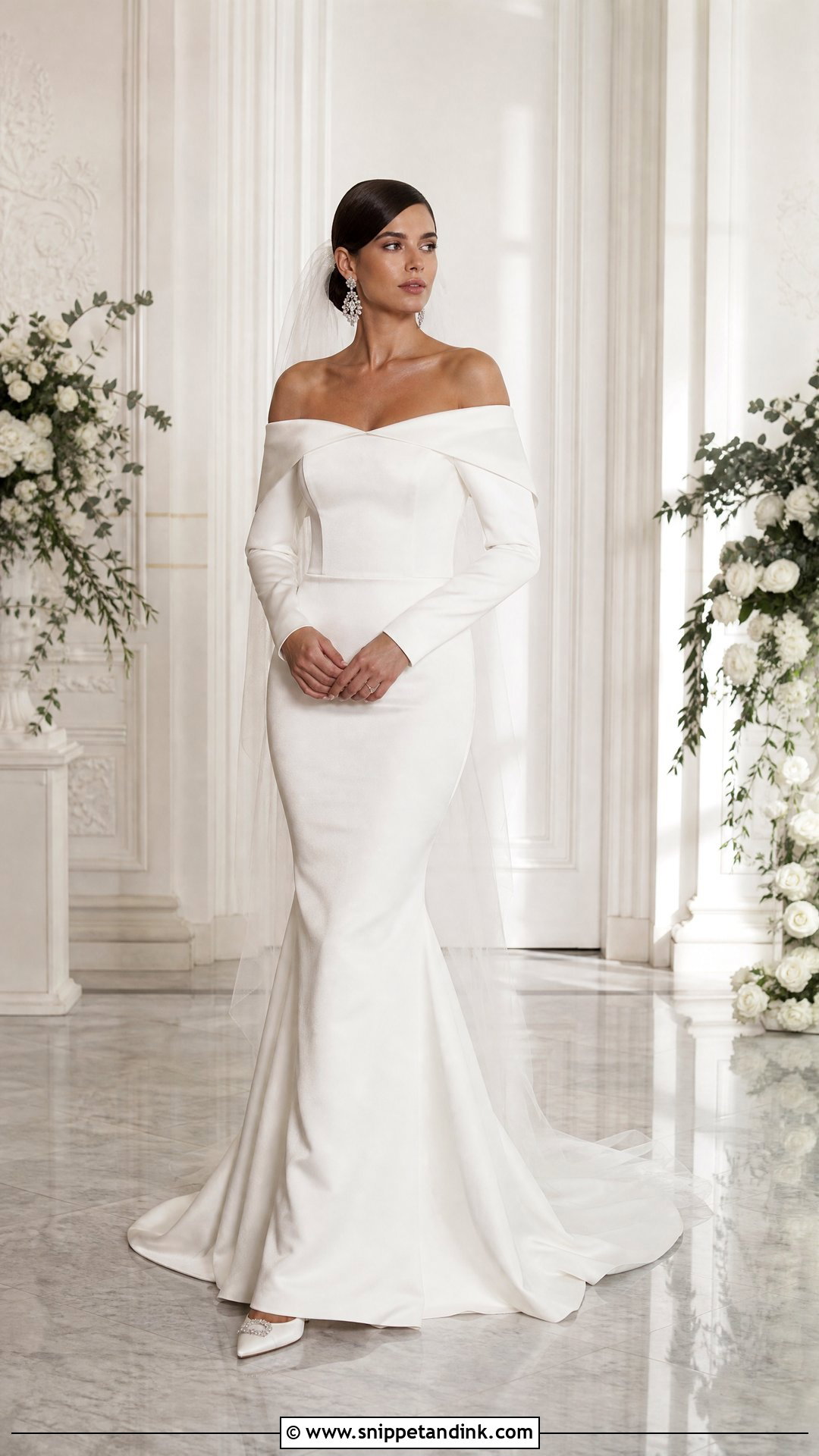 Off Shoulder Bolero With Fitted Mermaid Gown - Snippet and Ink - 20 Wedding Bolero Long Sleeve Ideas