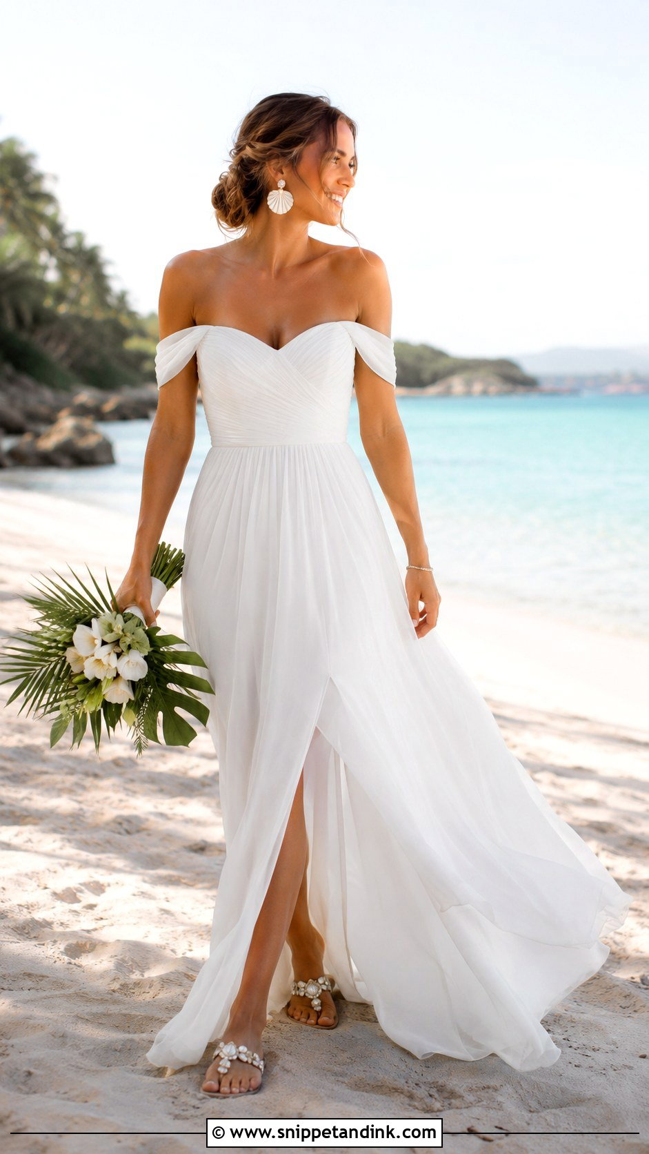 Off Shoulder Bridal Beach Maxi Dress - Snippet and Ink - 20 Bridal Beach Outfit Ideas