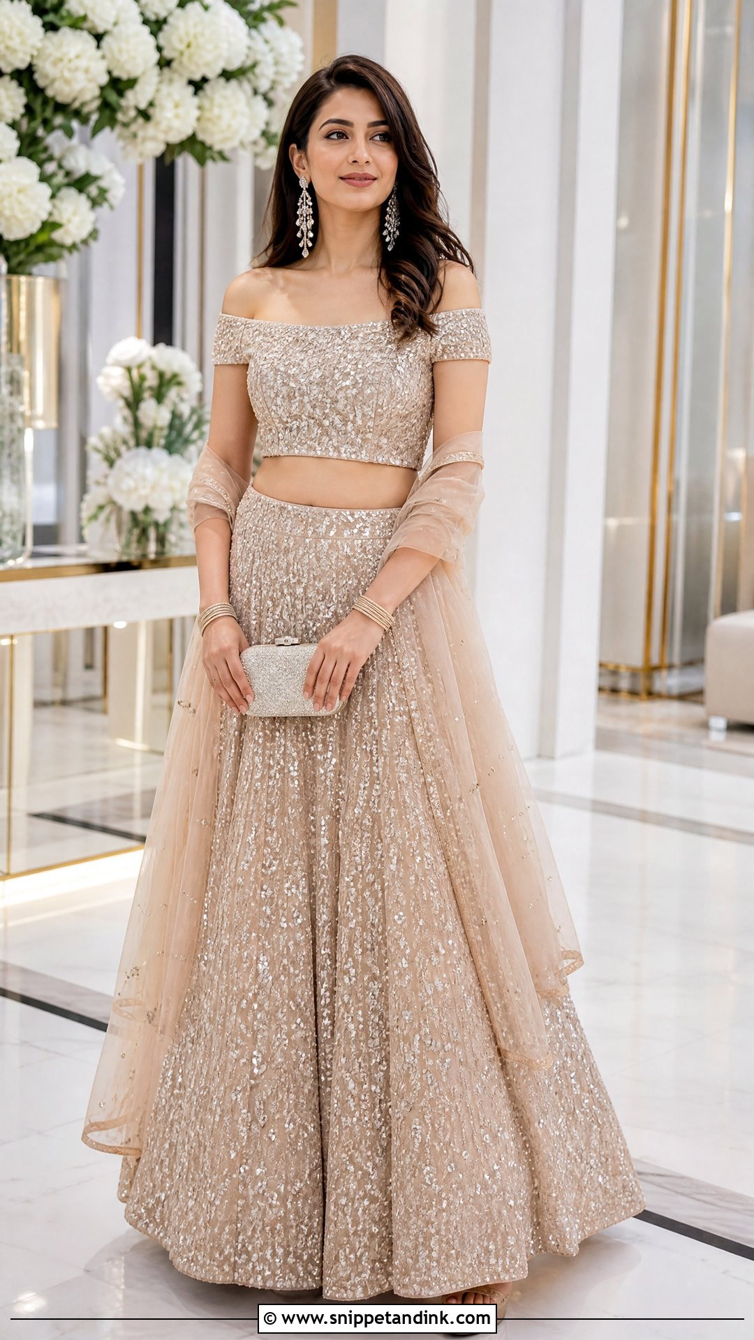 Off Shoulder Bridal Blouse With Sequin Lehenga - Snippet and Ink - 25 Blouse Design for Bride Ideas