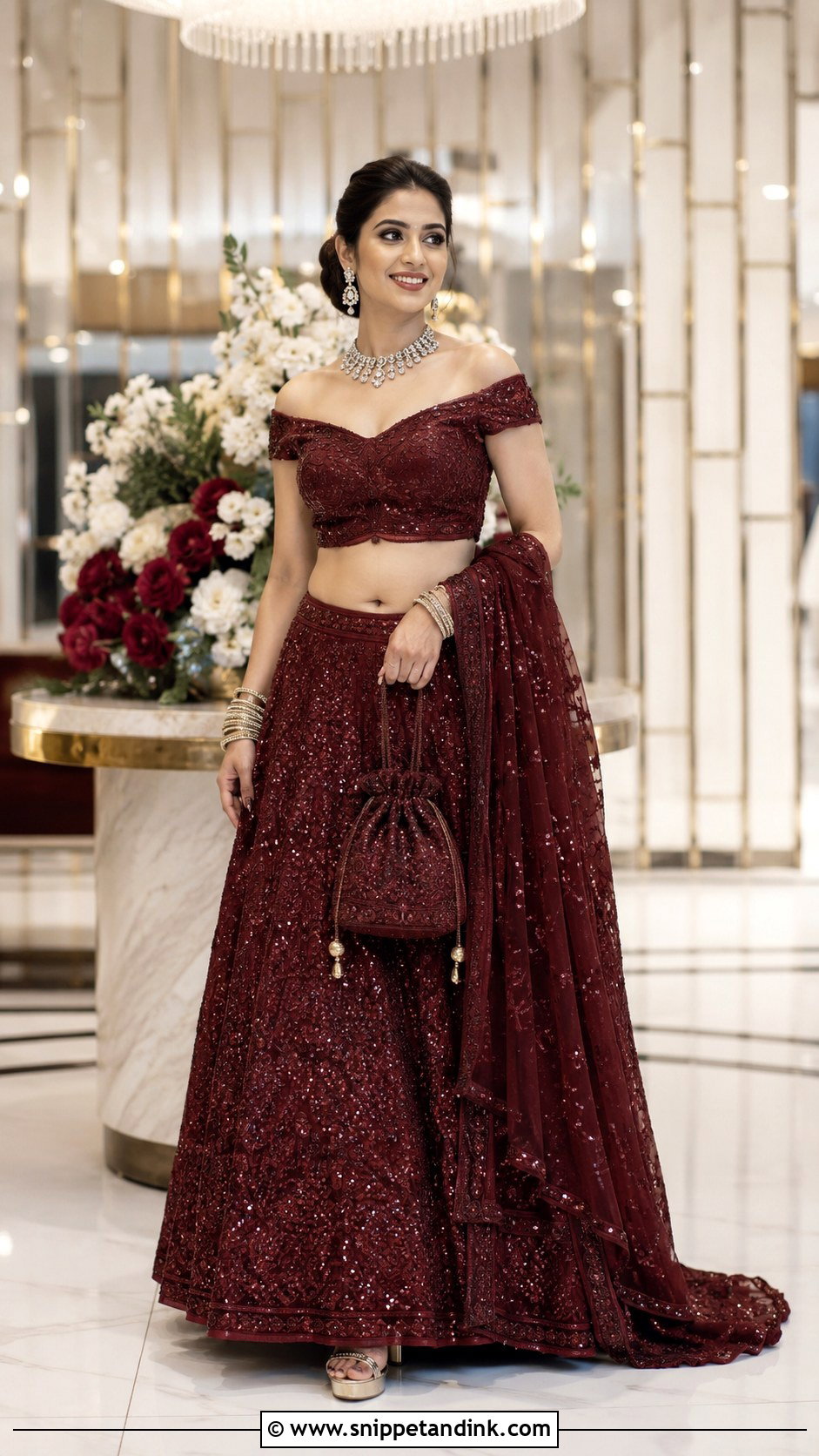 Off Shoulder Bridal Choli With Marsala Lehenga - Snippet and Ink - 20 Bridal Choli Designs