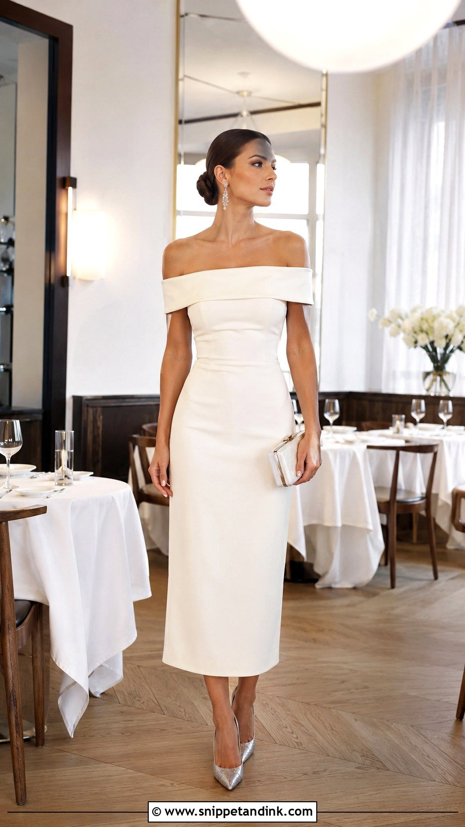 Off Shoulder Bridal Cocktail Dress With Pointed Pumps - Snippet and Ink - 20 Bridal Cocktail Dress Ideas