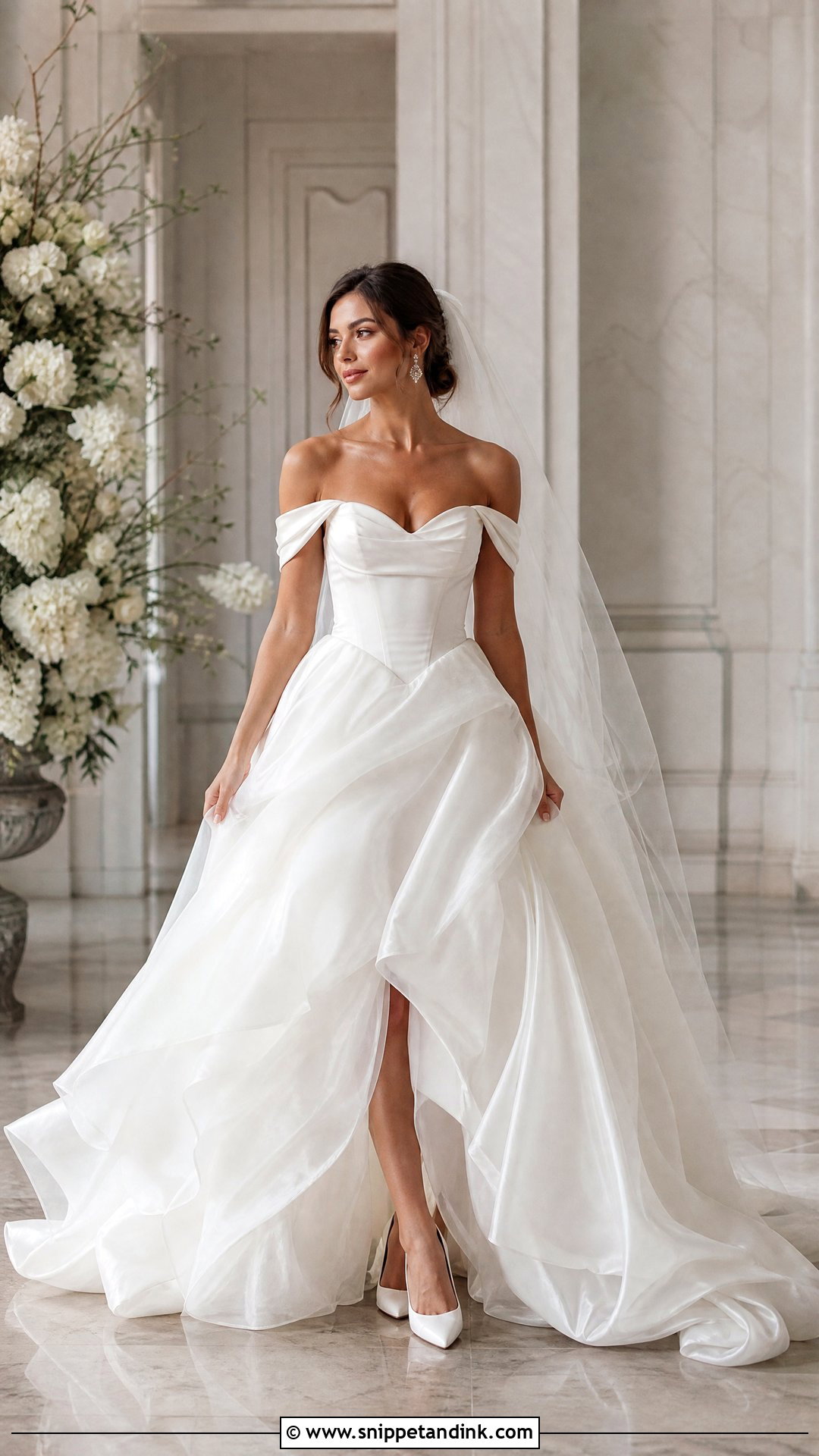 Off Shoulder Bridal Corset Top With Organza Skirt - Snippet and Ink - 20 Bridal Corset Top Ideas
