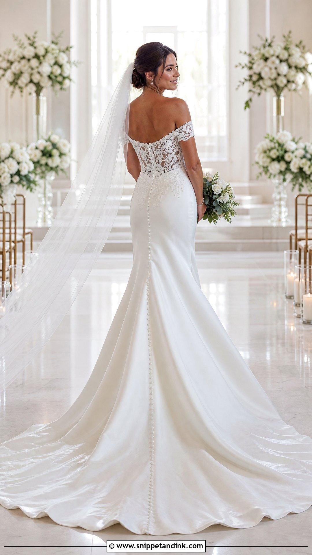 Off Shoulder Bridal Dress With Chapel Train - Snippet and Ink - 20 Off Shoulder Bridal Dress Ideas