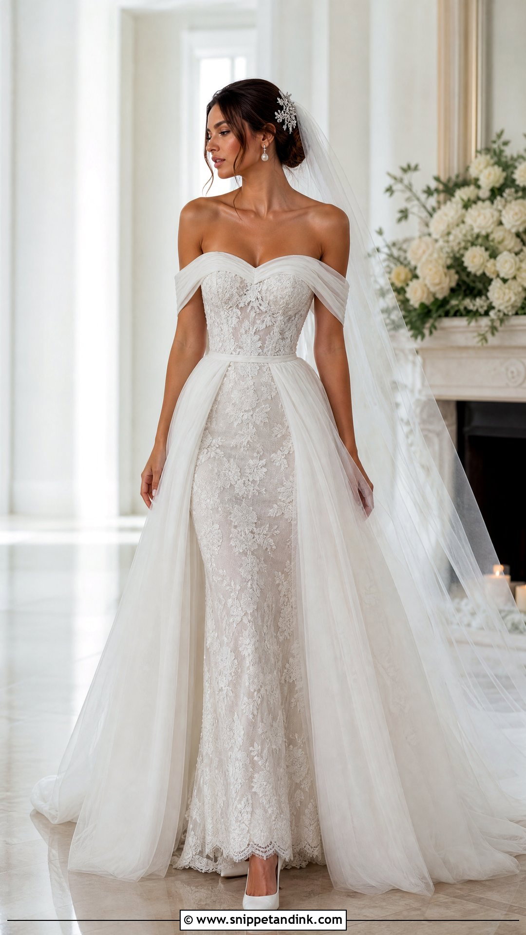 Off Shoulder Bridal Dress With Detachable Overskirt - Snippet and Ink - 20 Off Shoulder Bridal Dress Ideas