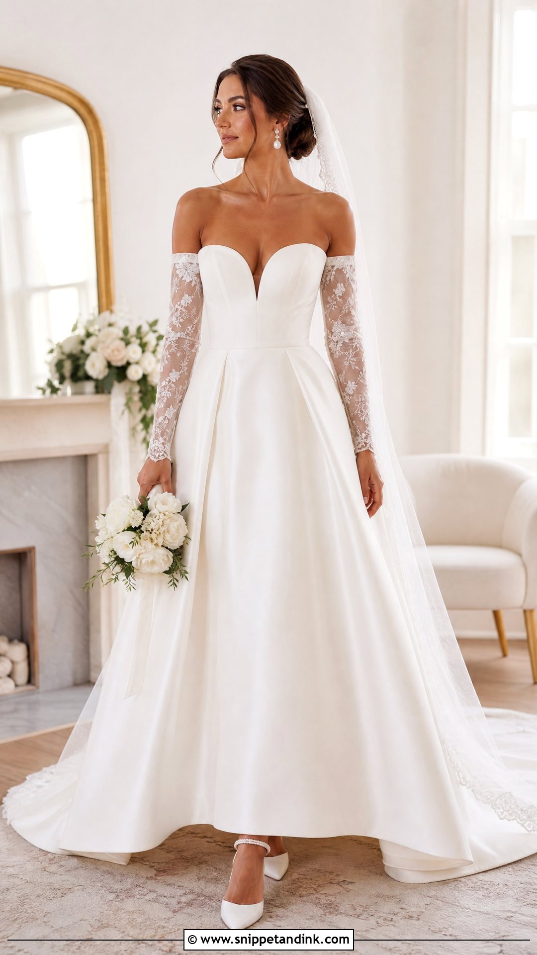 Off Shoulder Bridal Dress With Detachable Sleeves - Snippet and Ink - 20 Off Shoulder Bridal Dress Ideas