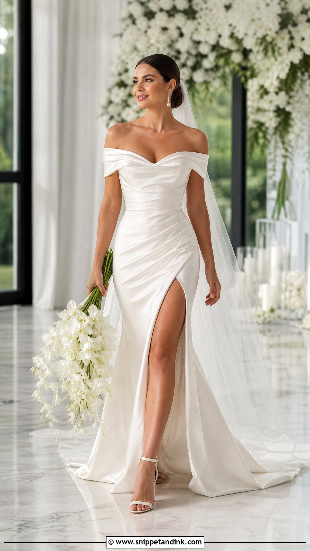 Off Shoulder Bridal Dress With High Slit - Snippet and Ink - 20 Off Shoulder Bridal Dress Ideas