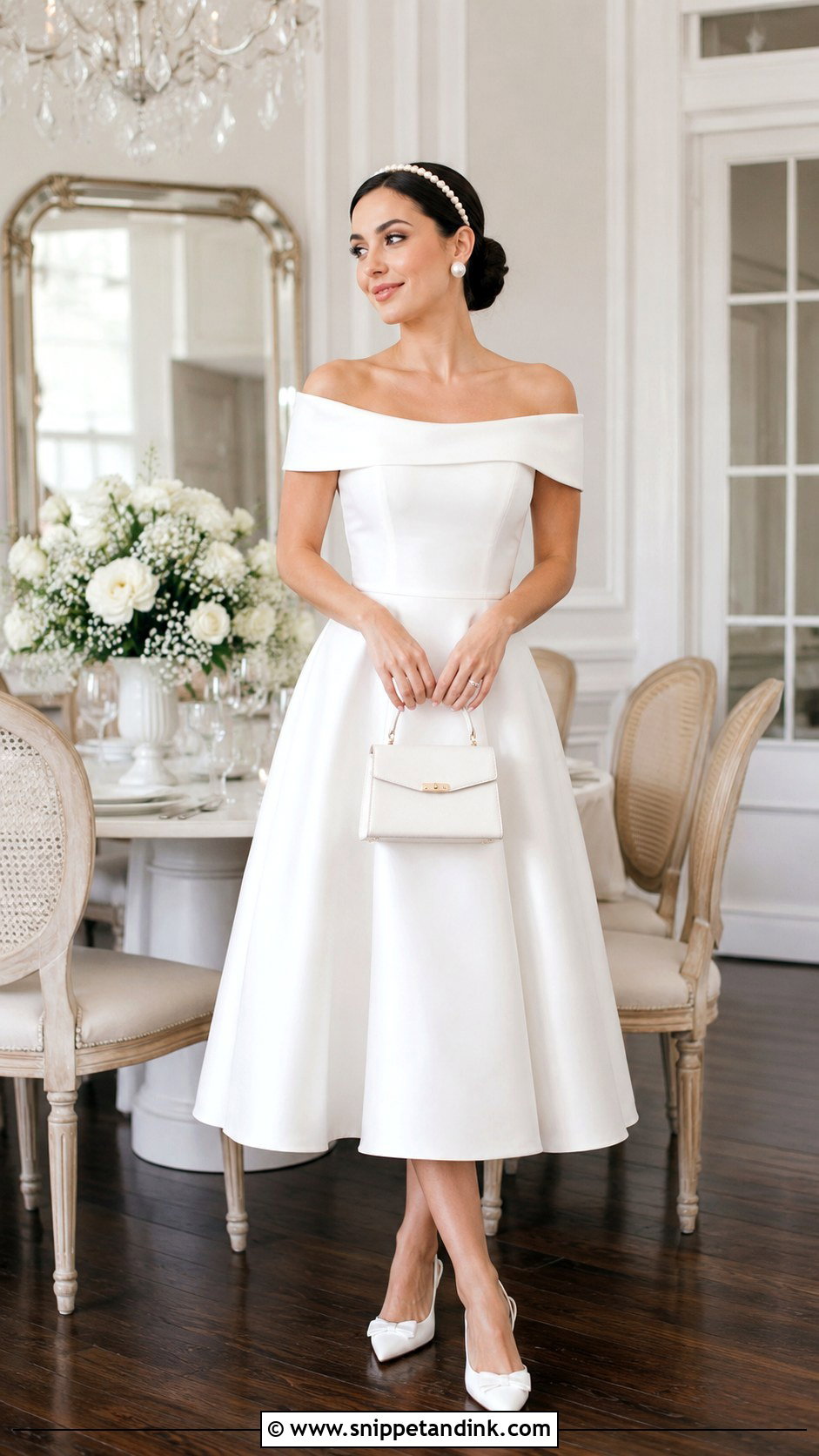 Off Shoulder Bridal Dress With Kitten Heels and Pearl Headband - Snippet and Ink - 20 Little White Bridal Dress Ideas