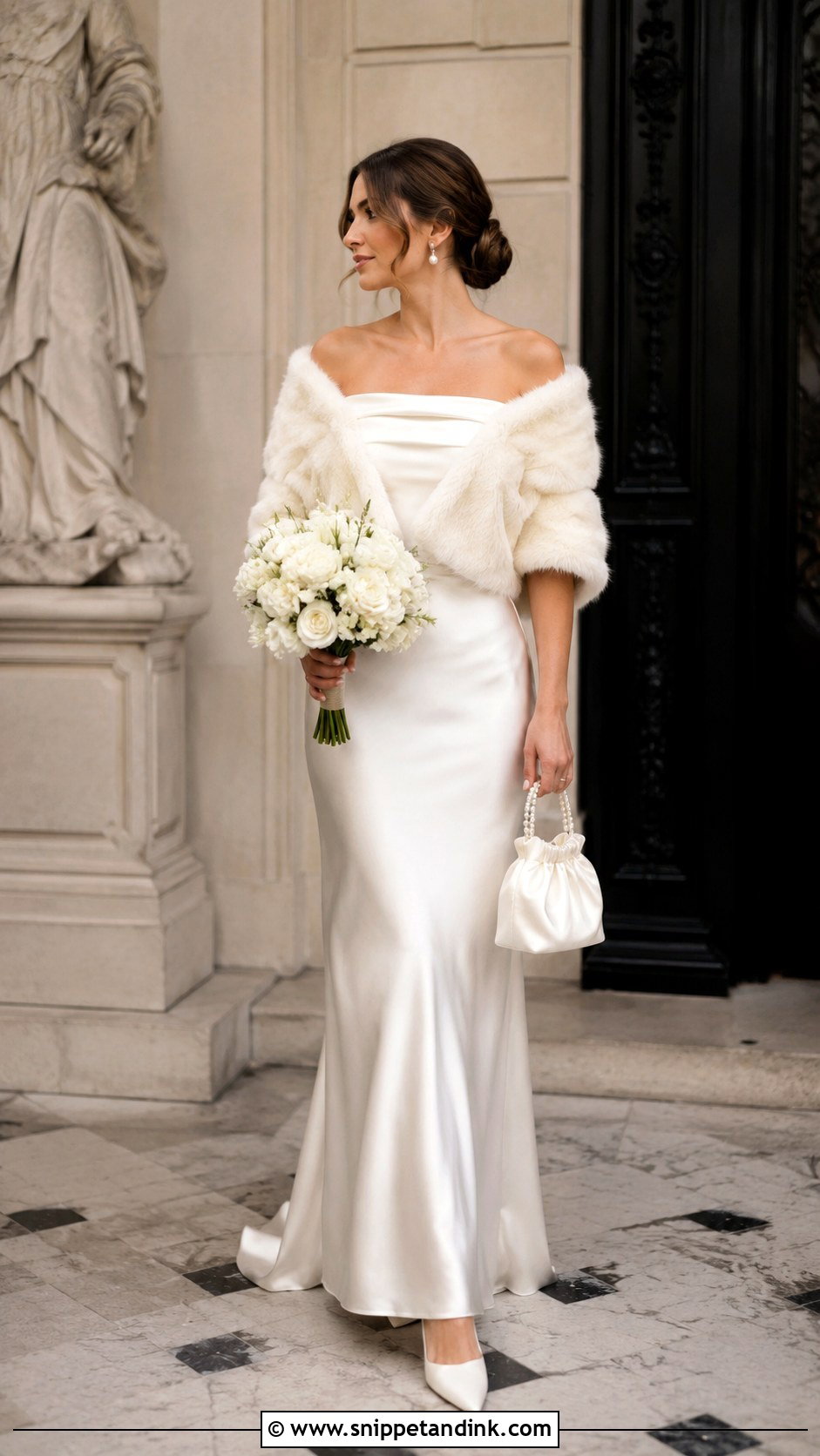 Off Shoulder Bridal Gown With Faux Fur Wrap - Snippet and Ink - 20 Fall Bridal Outfits