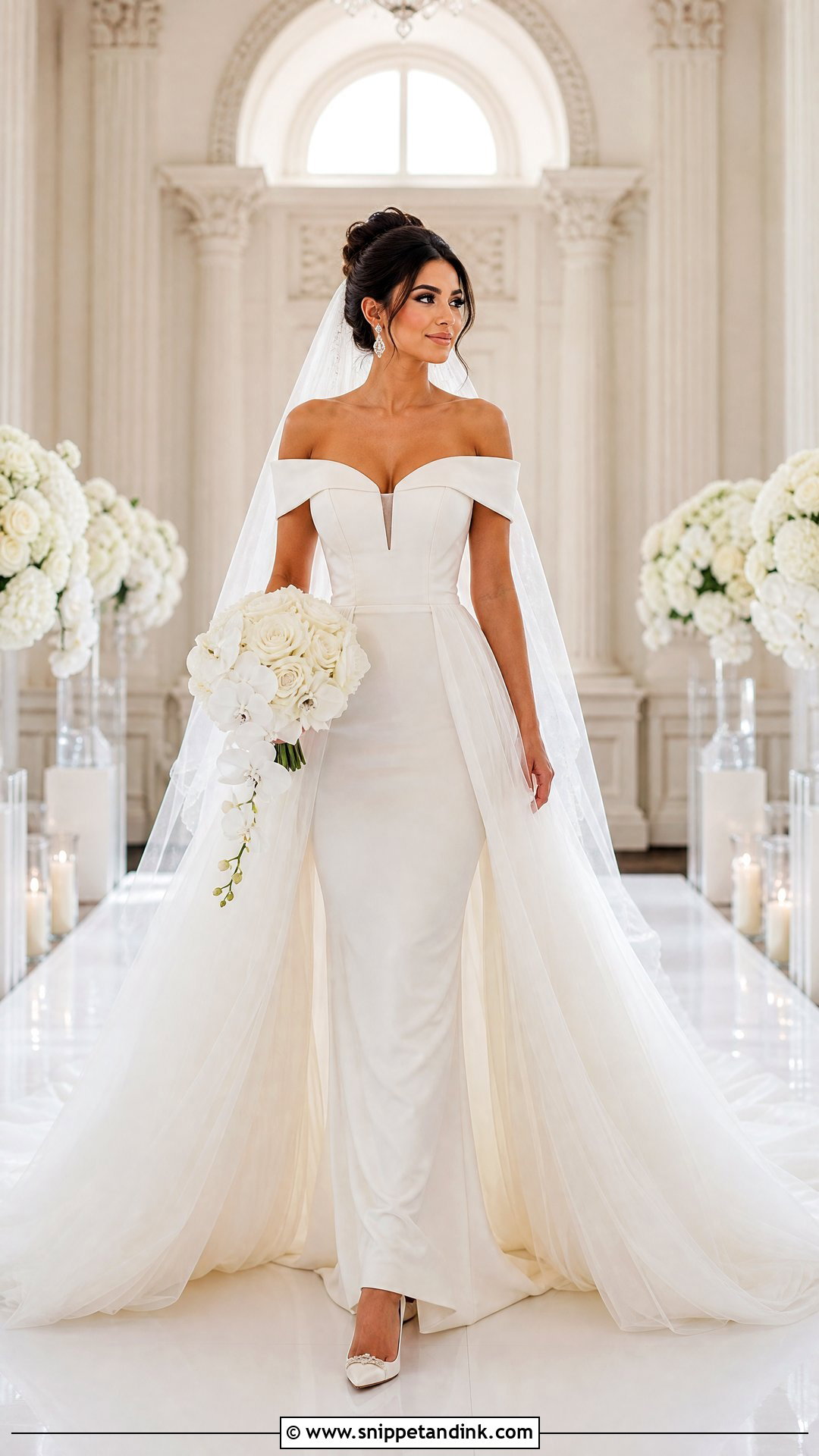 Off Shoulder Bridal Gown With Overskirt - Snippet and Ink - 20 Off Shoulder Bridal Gown Ideas