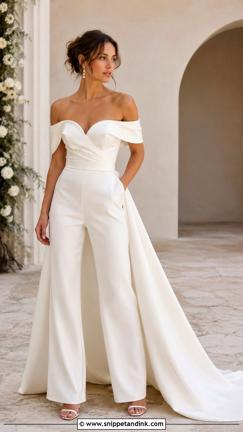 Off Shoulder Bridal Jumpsuit With Train - Snippet and Ink - 25 Bridal Jumpsuit with Train Ideas