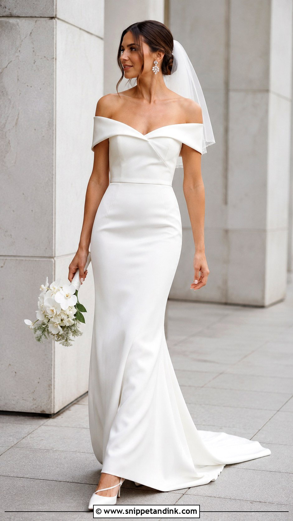 Off Shoulder Bridal Top With Column Skirt - Snippet and Ink - 20 Bridal Tops Ideas