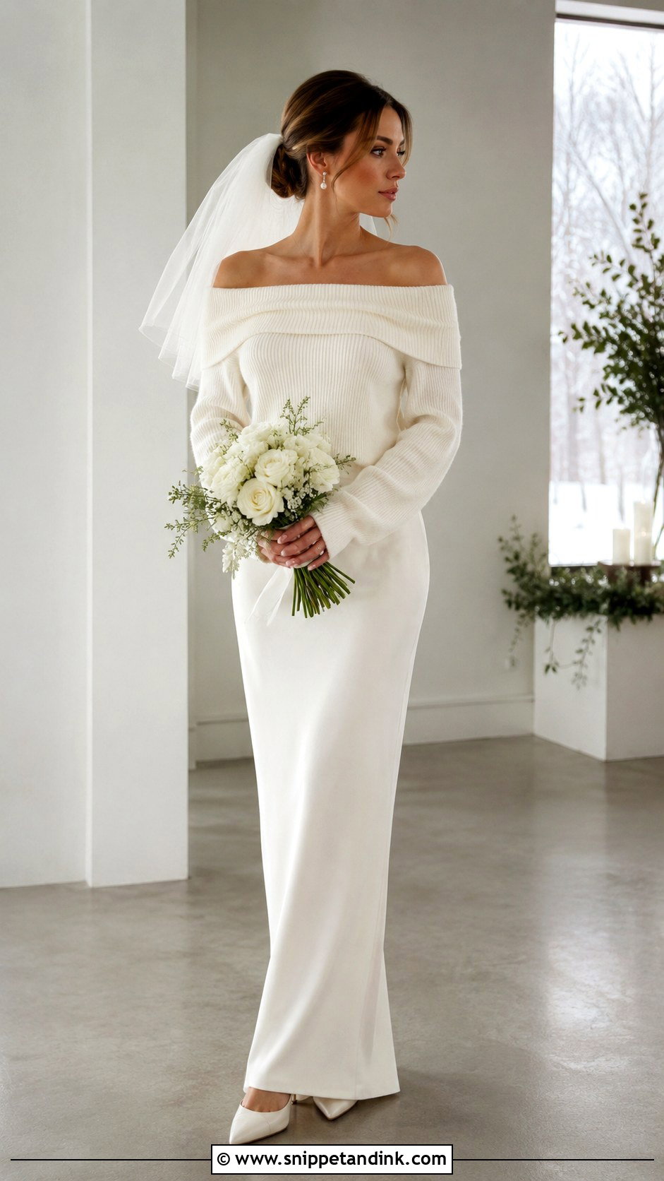 Off Shoulder Bride Sweater With Column Skirt - Snippet and Ink - 20 Bride Sweater Ideas