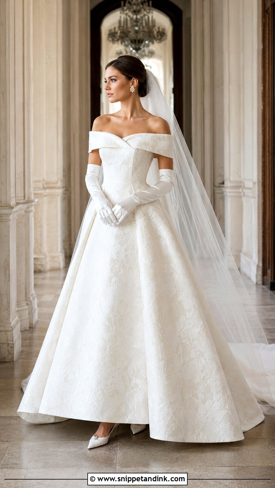 Off Shoulder Brocade Wedding Dress - Snippet and Ink - 20 Elegant Vintage Wedding Dress Ideas