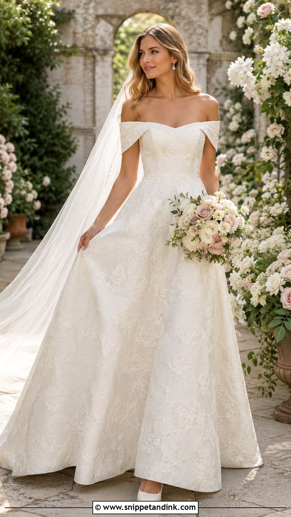 Off Shoulder Brocade Wedding Dress - Snippet and Ink - 25 Brocade Wedding Dress Ideas