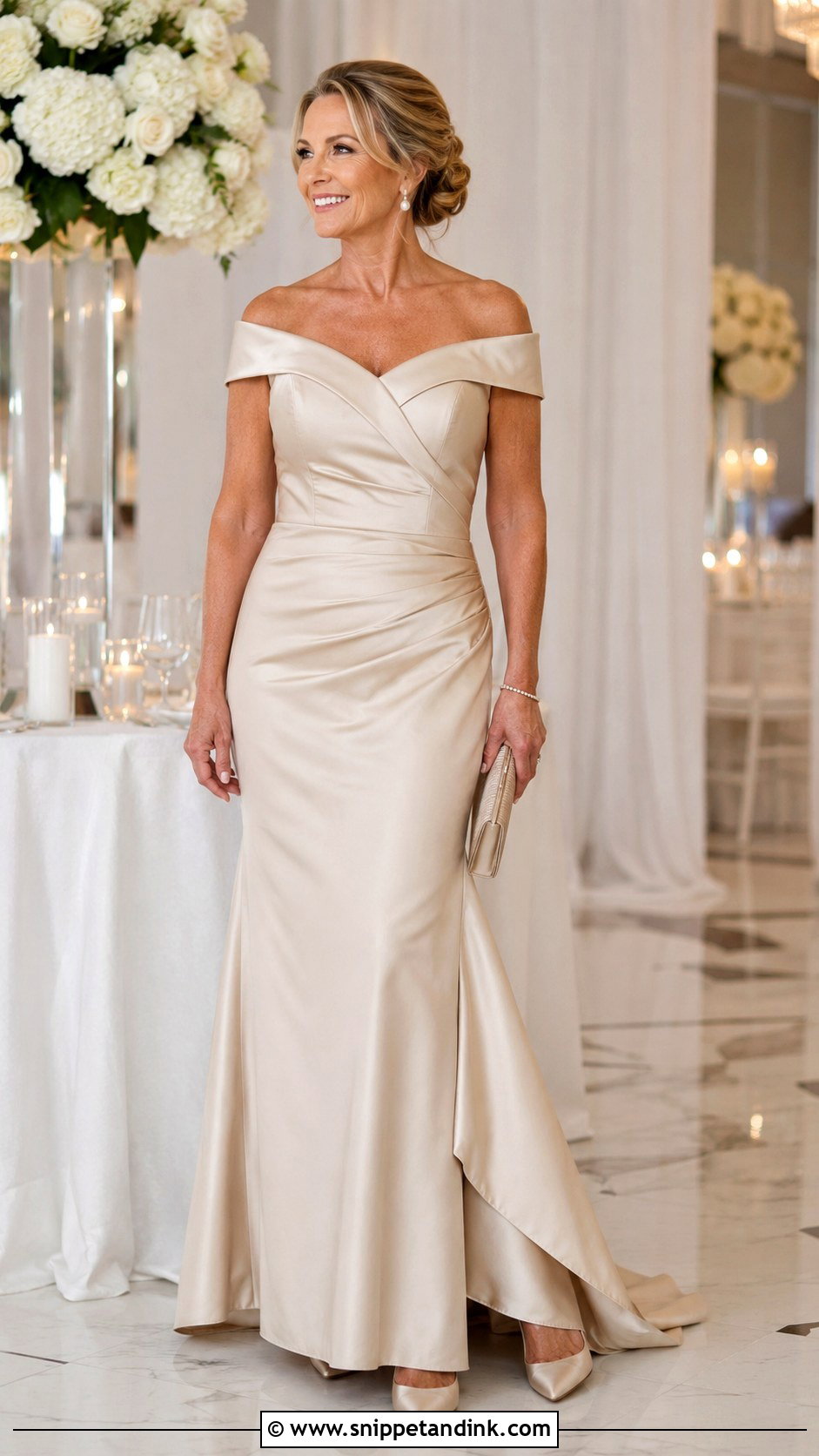 Off Shoulder Champagne Wedding Dress - Snippet and Ink - 20 Champagne Wedding Dress Older Bride Ideas