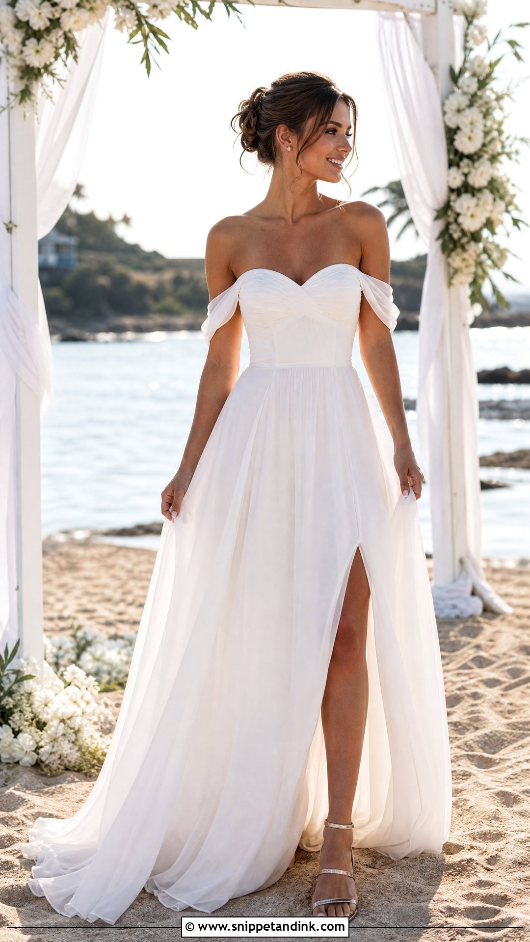 Off Shoulder Chiffon Beach Wedding Gown - Snippet and Ink - 25 Beach Wedding Gowns