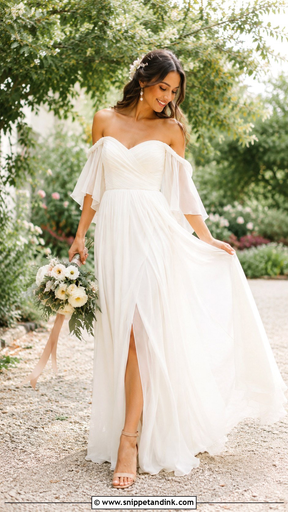 Off Shoulder Chiffon Boho Elopement Dress - Snippet and Ink - 20 Boho Elopement Dress Ideas