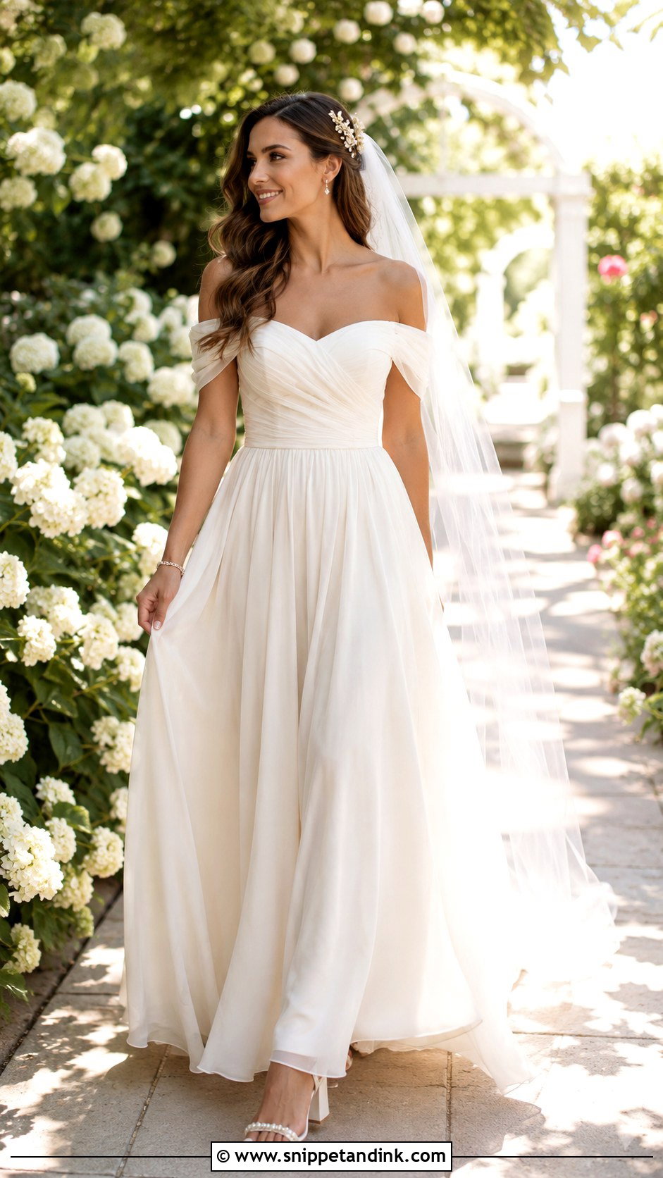 Off Shoulder Chiffon Boho Glam Wedding Dress - Snippet and Ink - 20 Boho Glam Wedding Dress Ideas