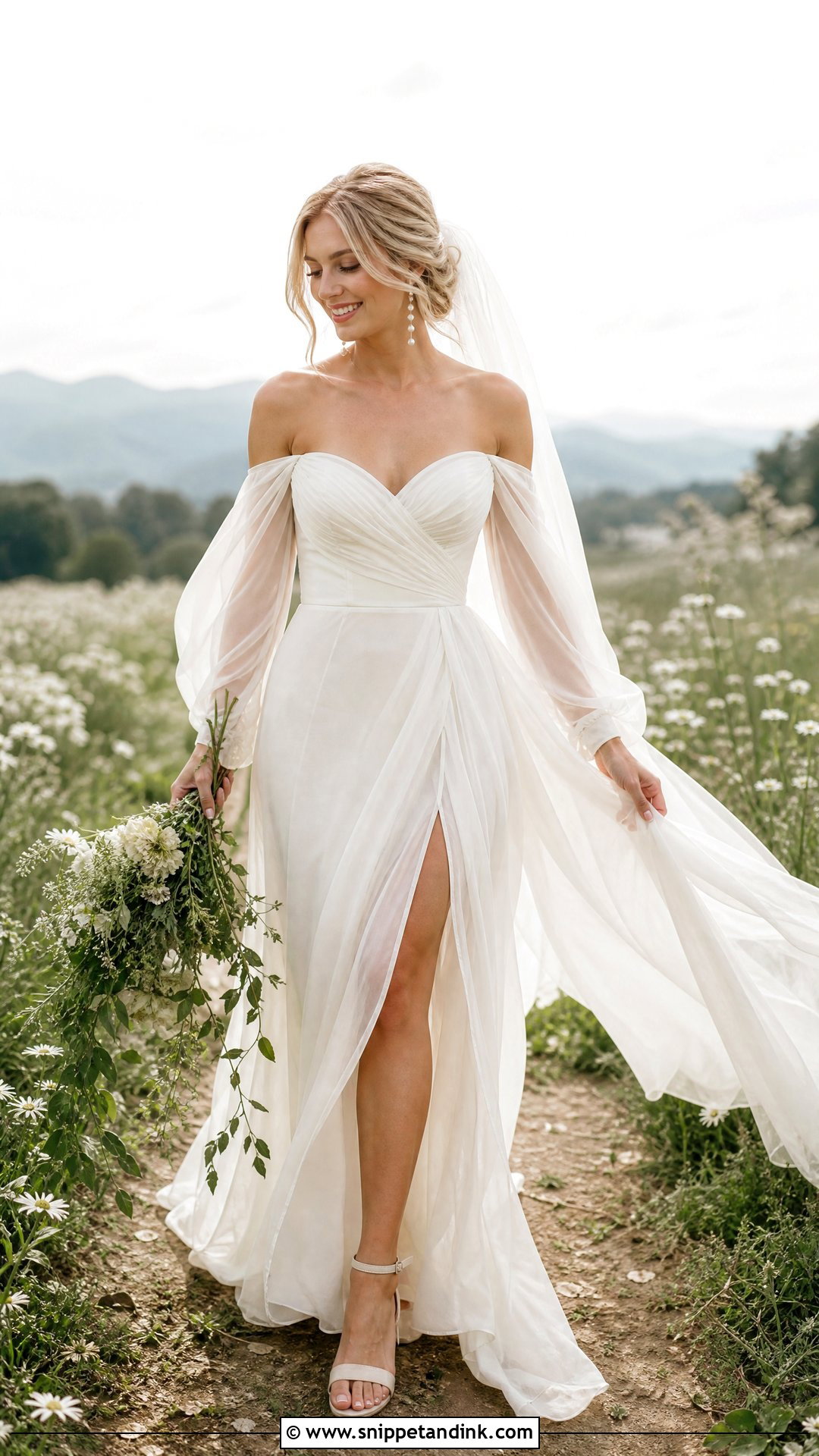 Off Shoulder Chiffon Cottage Wedding Dress - Snippet and Ink - 25 Cottage Wedding Dress Ideas